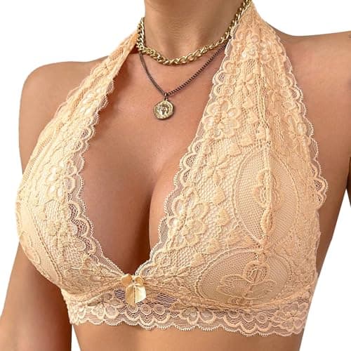 Viomisha Floral Lace Halter Bralette for Women Unpadded Wirefree Lace Bra Halter Crop Top with Hook and Eye Closure Back Nude lace Bralette; - Image 1