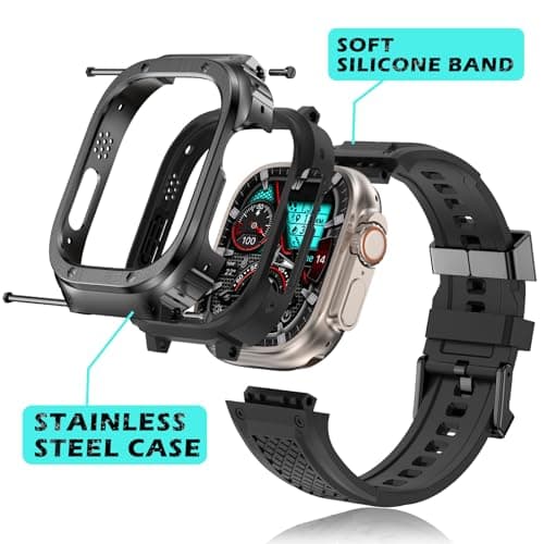 Deczone Band with Stainless Steel Case Compatible with Apple Watch Series Ultra 1 2 3 49mm Band, iwatch Bands Rugged Metal Protective Cover for Men (Grey) - Thumbnail 4