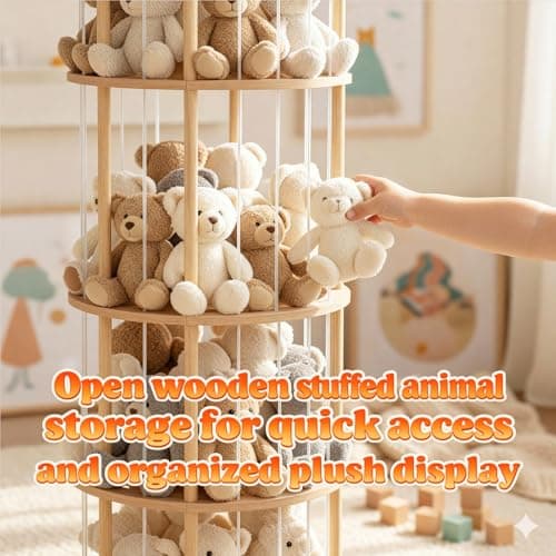 Viyuse Stuffed Animal Zoo Storage Large Wooden Stuffed Animal Holder&Toy Organizer,54"Plush Storage for Kids Playroom Bedroom,with Optional Wheels or Fixed Base,Decor Display Corner Round - Thumbnail 2