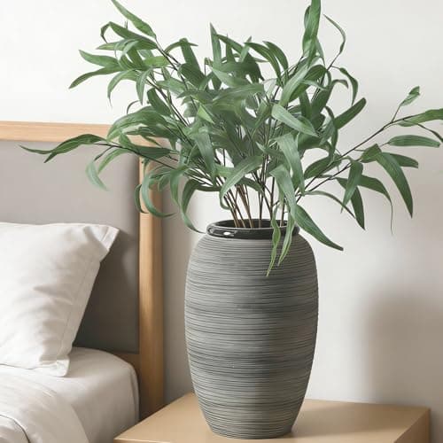 ALMA 12'' Tall Wide Mouth Flower Vase, Black Large Ceramic Vase for Table Centerpieces, Grey Boho Vase for Living Room, Farmhouse, Entryway, Mantel, Bookshelf, Home Decor - Thumbnail 4