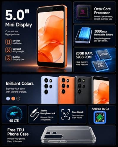 Ulefone Note 22 Unlocked Smartphone, Android 16 Go, 5.0-inch Compact Cell Phone, 20GB(3+17GB) RAM 32GB ROM, 2TB Expandable, Removable 3000mAh Battery, Dual SIM 4G, Face Unlock, Type-C (ICY Blue) - Thumbnail 2