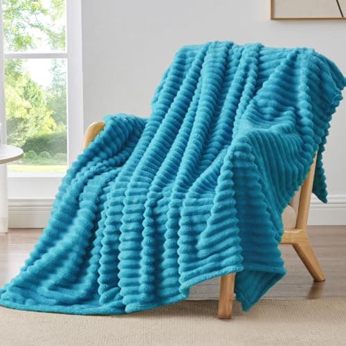 BEDELITE Fleece Throw Blanket for Couch - 300GSM Soft & Warm Fluffy Teal Blanket, Decorative and Giftable Striped Blankets for Women, Men, 50"x60" - Image 1
