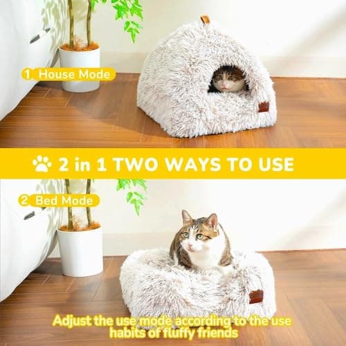 CATISM Cat Bed, Cat Cave for Indoor Cats, Soft Cat Dome, Self-Warming 2 in 1 Foldable Pet Cat House with Washable Cushioned Pillow Calming Fluffy Dog Beds for Small Dogs with Anti-Slip Bottom Brown - Thumbnail 2
