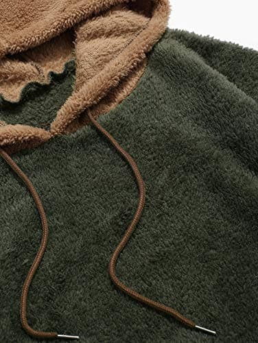 ZAFUL Color Blocking Fuzzy Hoodie Unisex Men Sherpa Pullover Loose Fluffy Sweatshirt (Army green-B, L) - Thumbnail 3