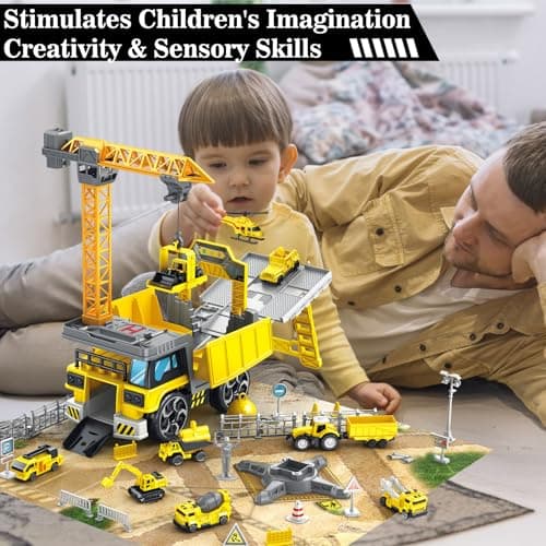 Frontoytall Construction Vehicles Track Set with Excavator, Dump Truck, Cement Truck, Wheel Loader & Rotating Crane, Car Carrier for Storage, STEM Building Toy for Kids Ages 3-12 (ASTM Certified) - Thumbnail 5