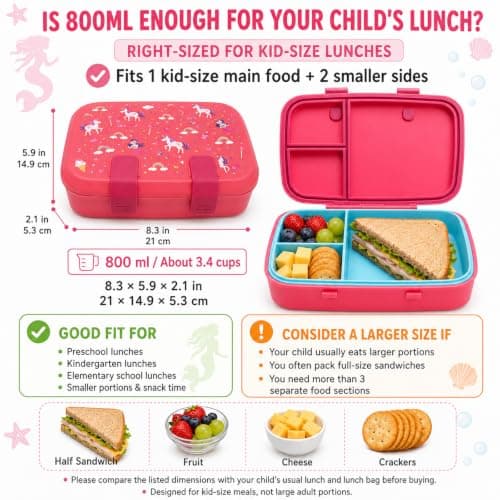 MISS BIG Microwave Safe Bento Box for Kids, Pink Mermaid Unicorn, 800ml - Thumbnail 5
