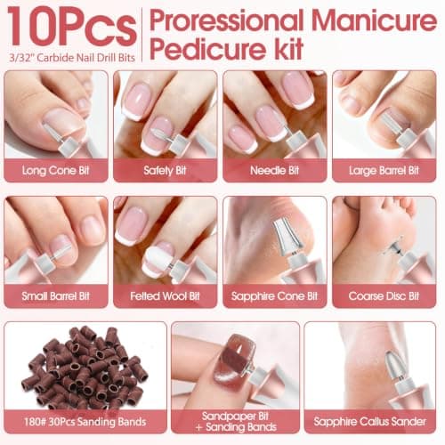 Haootadiy Electric Nail Drill File, Cordless Electric Nail Filer Buffer with Nail Drill Bits Sanding Bands Professional Manicure Pedicure Set for Nail Grind Trim Polish, for Women & Men - Thumbnail 6