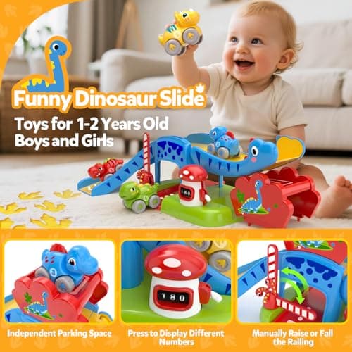 Toddler Toys for 1 2 Year Old Boy Gifts - Educational Dinosaur Slide Set with 4 Color/Number Push Cars and Playmat, Montessori Learning Toy for Baby 12-18 Months, 1st Birthday Present Ages 1-2, Red - Thumbnail 2