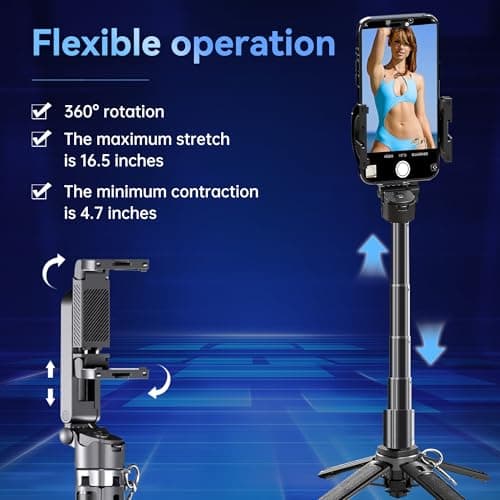 16.9" Tripod for Phone, Portable All in One Extendable Cell Phone Tripod Stand, Tall Travel Tripods for Recording Video Selfies Photo, with Wireless Remote Control for iPhone、Samsung、Android - Thumbnail 4