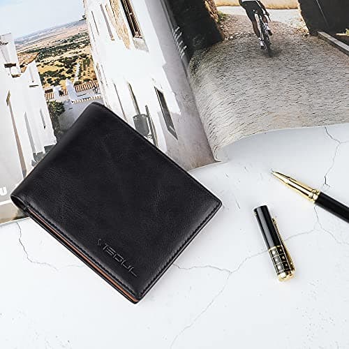 VISOUL Mens Bifold Wallet with 2 ID Windows and 2 Money Compartments, Genuine Leather Designer Wallet with RFID Blocking, Stylish Two-tone Back Wallet for Men (Black and Orange) - Thumbnail 6