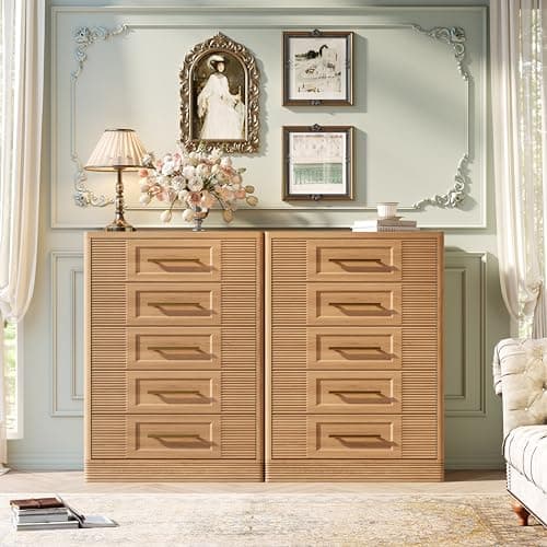 RECHHX Farmhouse 5 Drawers Dresser for Bedroom, 44" Tall Modern Chest of Drawers, Wooden Thermoformed Curved Dresser Organizer for Bedroom, Living Room, Natural Oak - Thumbnail 3