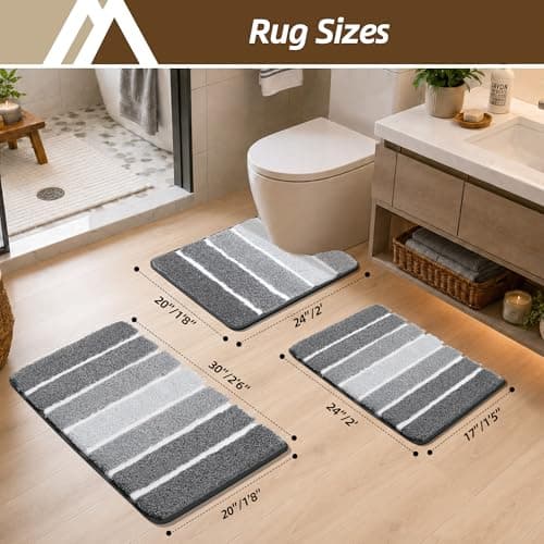COSY HOMEER Bathroom Rugs 30 x 20, Ultra Soft Absorbent Bath Mat, Non-Slip TPR Backing Stays in Place, Machine Washable Shaggy Rug for Bathroom Floor, Grey & White - Thumbnail 2