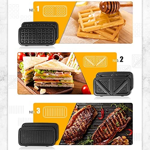 Metine 3-in-1 Belgian Waffle Maker 1200W, Breakfast Sandwich Maker & Waffle Iron with Removable Nonstick Plates, 5-Gear Temperature Control, Cool Touch Handle, Easy to Clean for Family Breakfast - Thumbnail 2