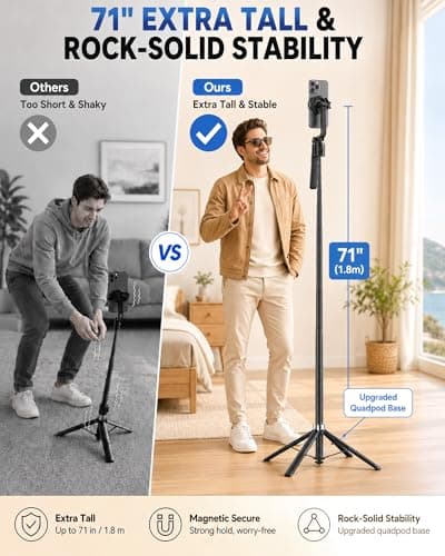 Oldshark 71" Auto Face Tracking Tripod with Light, 1-Sec Quick Setup Magnetic Tripod for iPhone, No App Needed 360° Rotating Phone & Camera Tripod, Content Creator Essentials for TikTok YouTube - Thumbnail 3
