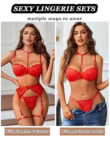 Avidlove Lingerie For Women Sexy Bra And Panty Sets With Garter Belt 3 Piece Underwire Lingeries Set Babydoll Bodysuit Red - Thumbnail 3