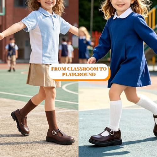 Popusister Toddler Girl School Shoes Brown Mary Janes with Thick Padded Insole and Bow,Toddler Little Kid Round Toe Dress Shoes for School Uniform Wedding Party Church,Comfortable Soft Walking Flats - Thumbnail 6