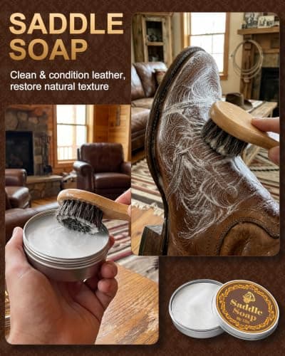 Jevvu Shoe Cleaning Kit, Saddle Soap, Mink Oil & Waterproof Wax, 10 PCS Boot Cleaner for Leather Cowboy Boots, Shoes, Work Boots and Tack, Shoe Shine Kit with Horsehair Brushes, Polish Cloths & Towel - Thumbnail 2