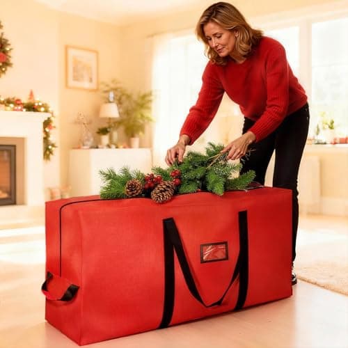 Christmas Tree Storage Bag, 9FT Large Christmas Tree Bag 600D with Reinforced Handles, Heavy Duty 9 Foot Tree Bags for Storage Waterproof Xmas Tree Box, Dual Zippers, Wide Opening, Red - Thumbnail 2