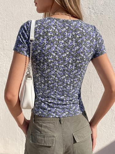 BTFBM Floral Square Neck Tops for Women 2026 Trendy Summer Outfits Short Sleeve Shirts Boho Top Beach Vacation Clothes(Black Purple Flower, Small) - Thumbnail 3