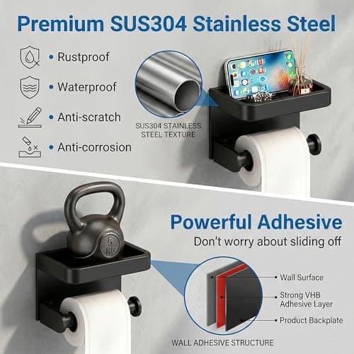 Lavstow Toilet Paper Roll Holder with Phone Shelf, Adhesive or Screw Aluminum Tissue Roll Holder Wall Mount, Rustproof for Bathroom,Washroom Black - Thumbnail 4