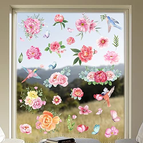 79 PCS Spring Window Clings,Spring Flower Window Clings for Glass Windows,Double-Sided Birds Floral Butterfly Window Stickers for Spring Decor (9 Sheets) - Thumbnail 3