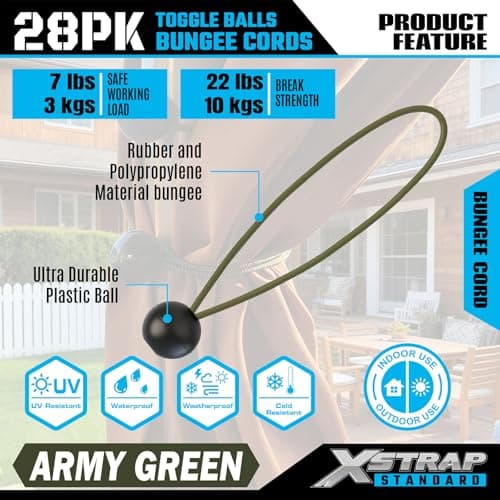 XSTRAP STANDARD 28 Pack Heavy Duty 9 Inch Ball Bungee Cords, Tarp Tie Down Bungee Balls for Canopy, Tent, Cargo, Wires & Hoses in Army Green - Thumbnail 4