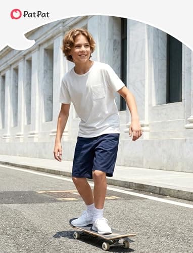 PATPAT Boys Short Sleeve Shirts Size 15-16 Years White Summer Crewneck T Shirt with Chest Pocket Casual Basic Tops Tees for Teen Boy - Thumbnail 5