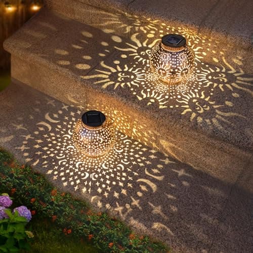 Go2garden Gifts 2Pack Solar Lanterns Outdoor Waterproof Mothers Day Gifts for Mom Moon Star Sun Solar Lights for Balcony, Yard,Birthday Gifts for Women Grandma Wife (Bronze) - Image 1