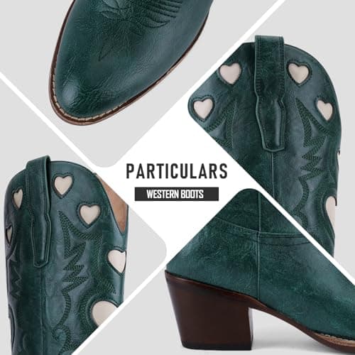 POYOIOR Green Women Western Cowboy Boots with Heart Pattern Classic Embroidered Chunky Heel Cowgirl Fashion Long Booties Round Toe Fashion Tall Boots for 2025 Fall Winter Size 11 - Thumbnail 4