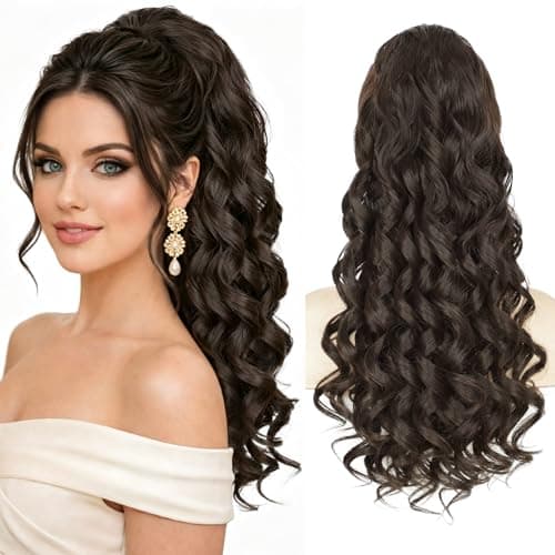 BOGSEA Drawstring Ponytail Extension 20 Inch Spiral Wavy Ponytail Extension for Women Synthetic Fiber Hair Pieces for Daily Use -Dark Brown - Image 1
