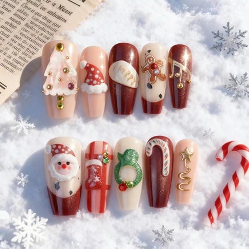 Luxury Christmas Happy Press On Nails, Yacey Reusable Almond Fake Nails, Gingerbread Man French Tip Acrylic False Nails Press Ons, Red 3D Artificial Glossy Glue on Nails for Women Girls 30Pcs/15 Sizes - Image 1