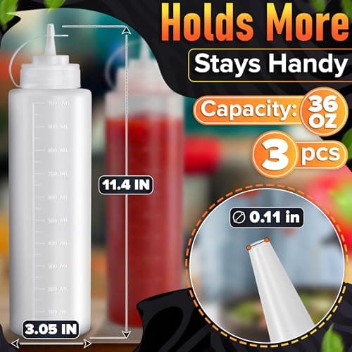3-Pack Plastic Condiment Squeeze Bottles 36oz – Refillable Squirt Bottles with Narrow Tip, Leak-Resistant | Great for Oil, Sauces, Ketchup, Mayonnaise, Syrup, Dressing, BBQ Stations & Catering Use - Thumbnail 2