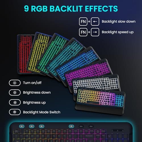 COLIKES Wireless Keyboard and Mouse Combo, Ergonomic Wave, 9 RGB Backlit Effects, Leather Wrist Rest, Rechargeable 2.4G USB Silent Set for Computer/Windows/Mac, Black - Thumbnail 4