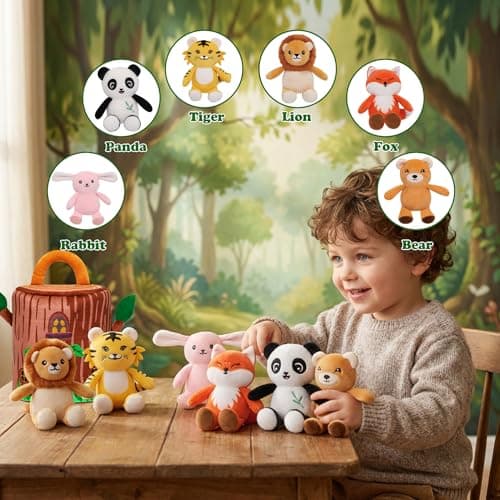 Zoo Stuffed Animals Toys Set - 6 pces Jungle Safari Animals Interactive Adopt Toy Plushies for Kids Toddlers Boy 5 Inch Mini Plush Panda Tiger Lion Bear Forest Animal Birthday Gift - Thumbnail 2