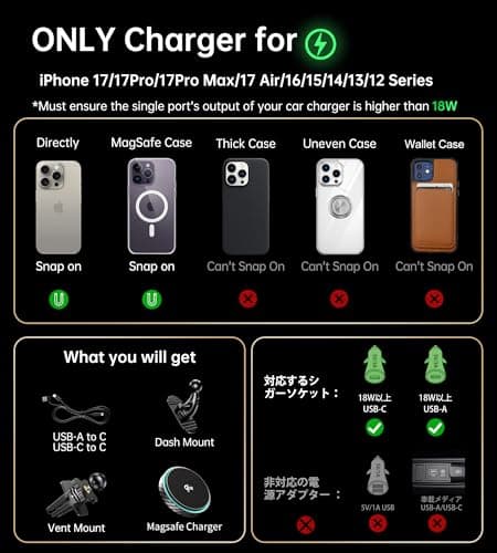 GuMosh for Magsafe Car Mount Charger 2026 New [Qi2 Certified-15W], 360° Rotatation [Dash & Vent] Wireless Car Charger, for iPhone 17 16 15 14 13 12 Series, for Magnetic iPhone Car Accessories, Black - Thumbnail 2