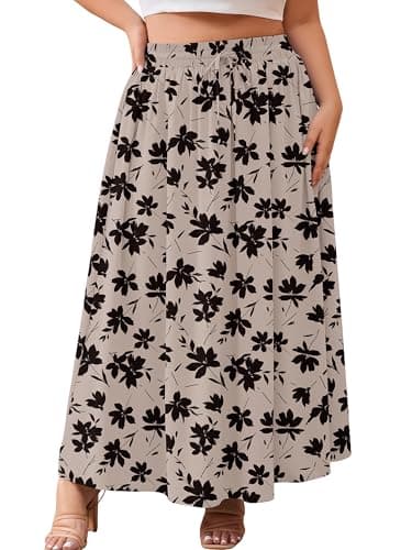 AusLook Plus Size Maxi Skirt for Women High Waisted Elastic Waist Flowy A Line Long Ink Dot Flowers 5X Skirt with Pockets Casual Summer Beach Vacation