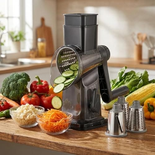 Spylandy Rotary Cheese Grater, 3-in-1 Manual Vegetable Slicer with Handle, Safer Kitchen Mandoline Shredder with Suction Base for Cheese, Nuts, Potatoes & Salads – Easy to Clean (Smoke Grey) - Thumbnail 2