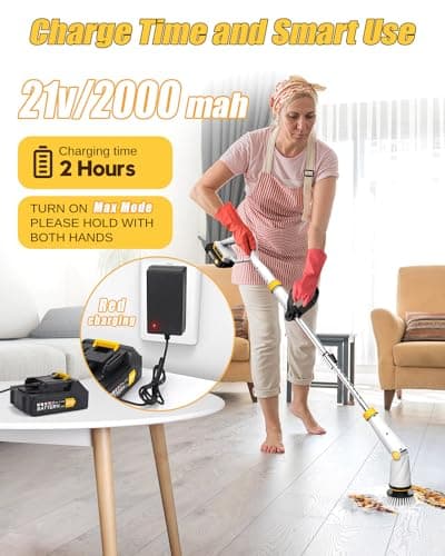 Qimedo Electric Spin Scrubber with Two Batteries Q2 Pro,1500 RPM High Power Electric Scrubber for Cleaning,Shower Cordless Cleaning Brush with Display for Tub/Tile/Floor (Effortless Handle/8 Brushes) - Thumbnail 5