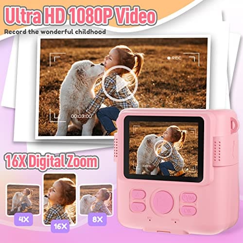 ESOXOFFORE Instant Print Camera for Kids, Christmas Birthday Gifts Girls Boys Age 3-12, HD Digital Video Cameras Toddler, Portable Toy 3 4 5 6 7 8 9 10 Year Old Girl with 32GB SD Card-Pink - Thumbnail 4