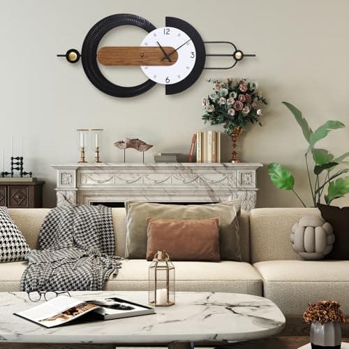 Anmotpe Modern Minimalist Wall Clocks,Black Metal & Wood Geometric Design Large Wall Clocks,Silent Non-Ticking Battery Operated,for Living Room Home Office Wall Art - Thumbnail 5