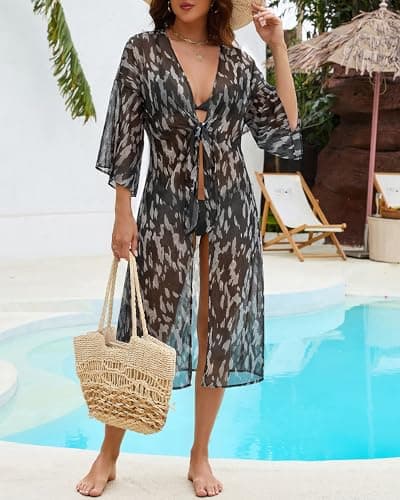 Bsubseach Long Kimonos for Women Sheer Tie Front Relaxed Flared Sleeve Kimono Cardigans Swimsuit Coverup Vacation Outfits Black Leopard M - Thumbnail 5