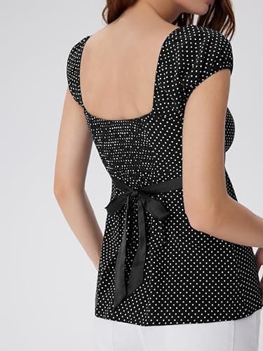 SUUKSESS Women Square Neck Babydoll Tops Summer Cute Y2K Peplum Shirts Cap Sleeve Going Out Tops(Black Polka Dots, XS) - Thumbnail 3