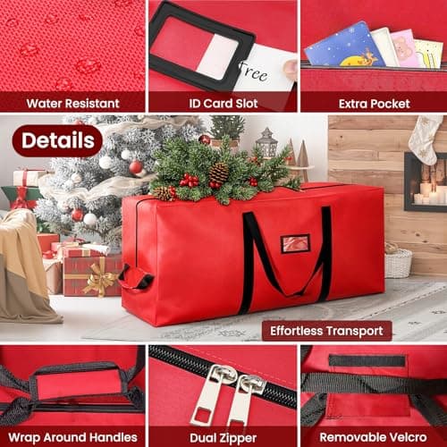 Christmas Tree Storage Bag, 9FT Large Christmas Tree Bag 600D with Reinforced Handles, Heavy Duty 9 Foot Tree Bags for Storage Waterproof Xmas Tree Box, Dual Zippers, Wide Opening, Red - Thumbnail 4