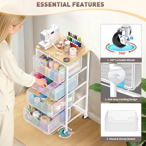 SUNALLY Rolling Kitchen Cart with Drawers, 4-Tier Utility Cart Fruit Vegetable Storage Cart with Lockable Wheels, Wooden Top Metal Kitchen Storage Organizer for Cans, Snacks, Beauty, Craft, Art, White - Thumbnail 5