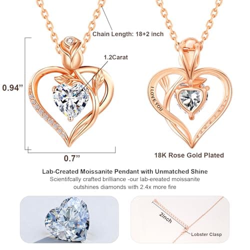 JACUPO Rose Heart Necklace and Earrings Set (Necklace 1.2CT / Earrings 0.8CT) Moissanite/Lab-Grown Sapphire/Ruby Options S925 Sterling Silver 18K White Gold Plated Engraved "I LOVE YOU" Perfect Engagement Gift for Girlfriend Wife (Moissanite Rose Gold) - Thumbnail 3