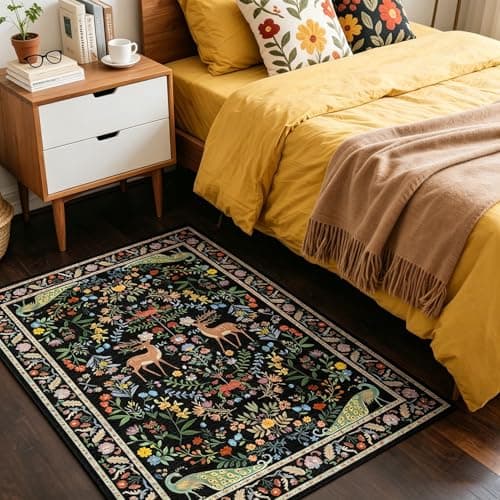Small Vibrant Black Entryway Rug 2x3 - Front Door Rug Indoor Entrance, Small Carpet for Kitchen Floor, Bathroom, Powder Room, Washable Low Pile Non Slip, Floral Print Home Décor - Thumbnail 4