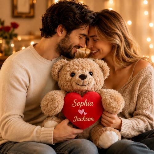 MYPHNEX Personalized Kissy Teddy Bear Stuffed Animal, Custom Bear with Embroidered Name, Toys for Wedding Couples Girlfriend Kids, Customized Anniversary Birthday Gift for Her & Him (Couple Bear) - Thumbnail 2