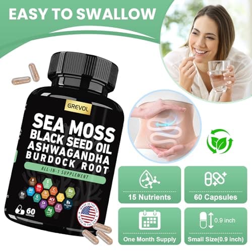 Sea Moss Black Seed Oil Ashwagandha Bladderwrack Burdock Root Turmeric & Vitamin C D3 Elderberry ACV Black Pepper - Multimineral Supplement - 60 Count - Thumbnail 6