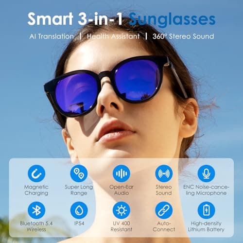 GetD Smart Glasses for Men & Women - Bluetooth AI Glasses with Blue Mirror Lens, Polarized, Speaker, AI Translator, 11H Battery, for Sports Daily Driving Meeting Travel - Thumbnail 2