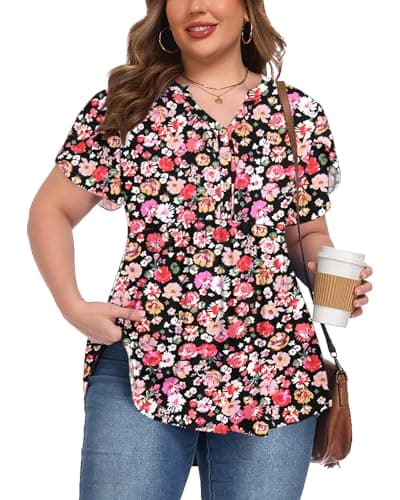 PLOKNRD Plus Size Tops Womens Tunic Tops Short Sleeve Pink T-Shirts V-neck Summer Dressy Blouse Casual Boho Cute Tops 3X - Thumbnail 2